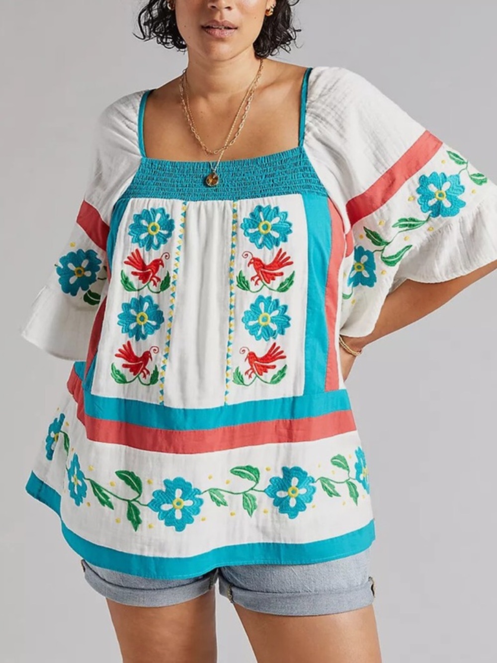 ANTHRO sz 8 Embroidered White Cotton Peasant Top with Teal Trim & floral accents